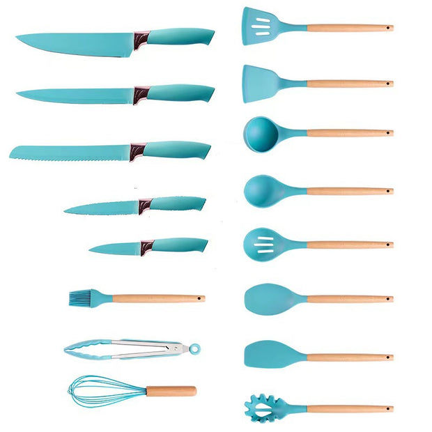 Silicone Cookware Set 19-Piece Cooking Spatula Spoon Wooden Handle Cookware Non-Stick Storage Bucket Cookware