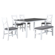 TOPMAX 6-Piece Wood Dining Table Set Kitchen Table Set with Upholstered Bench and 4 Dining Chairs, Farmhouse Style Gray+White