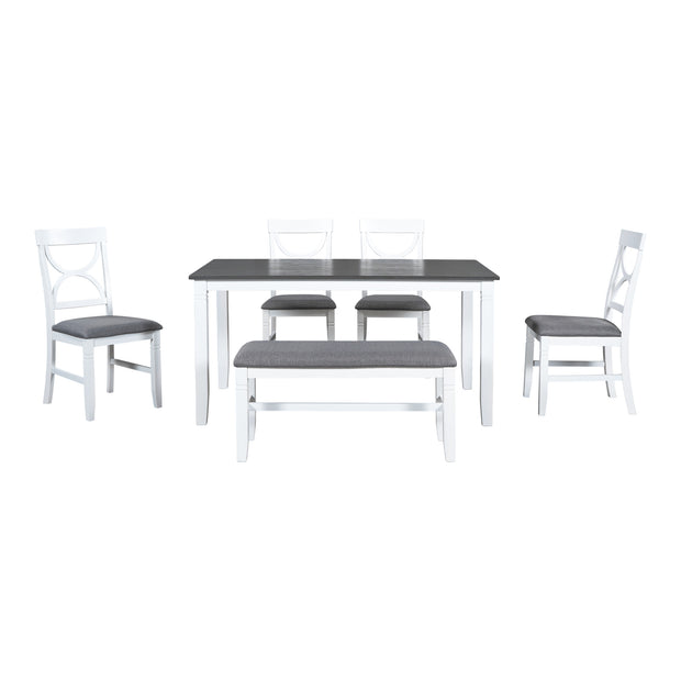 TOPMAX 6-Piece Wood Dining Table Set Kitchen Table Set with Upholstered Bench and 4 Dining Chairs, Farmhouse Style Gray+White