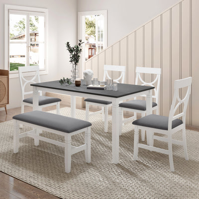 TOPMAX 6-Piece Wood Dining Table Set Kitchen Table Set with Upholstered Bench and 4 Dining Chairs, Farmhouse Style Gray+White