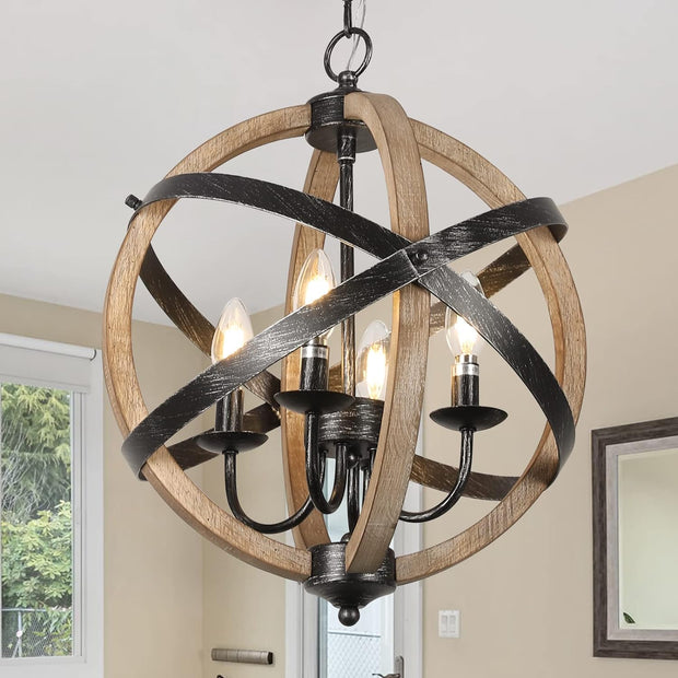 Farmhouse Chandelier Light Fixtures 4-Light Dining Room Light Fixtures Height Adjustable Rustic Wood Light